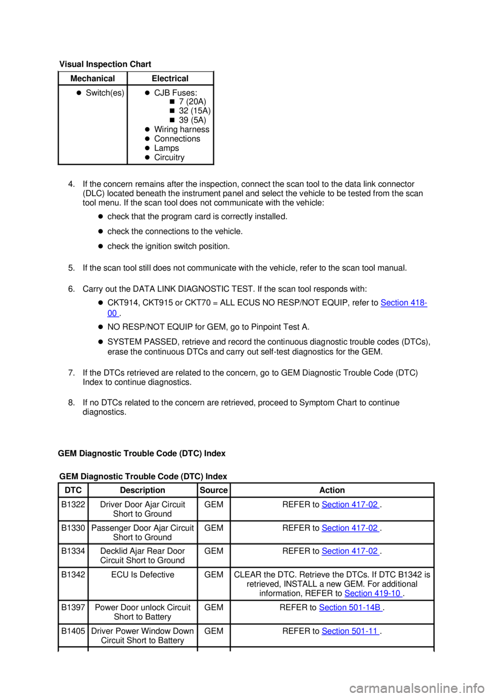 FORD MUSTANG 2003  Workshop Manual 4. If the concern remains after the inspection, connect the scan tool to the data link connector 
(DLC) located beneath the instrument panel and select the vehicle to be tested from the scan 
tool men