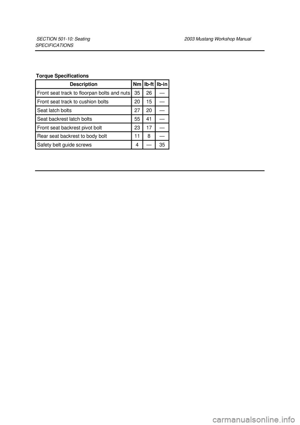 FORD MUSTANG 2003  Workshop Manual SPECIFICATIONS 
SECTION 501-
10: Seating  2003 Mustang Workshop Manual Torque Specifications 
Description  Nm  lb-
ft  lb-
in  Front seat track to floorpan bolts and nuts  35  26  —
Front seat track