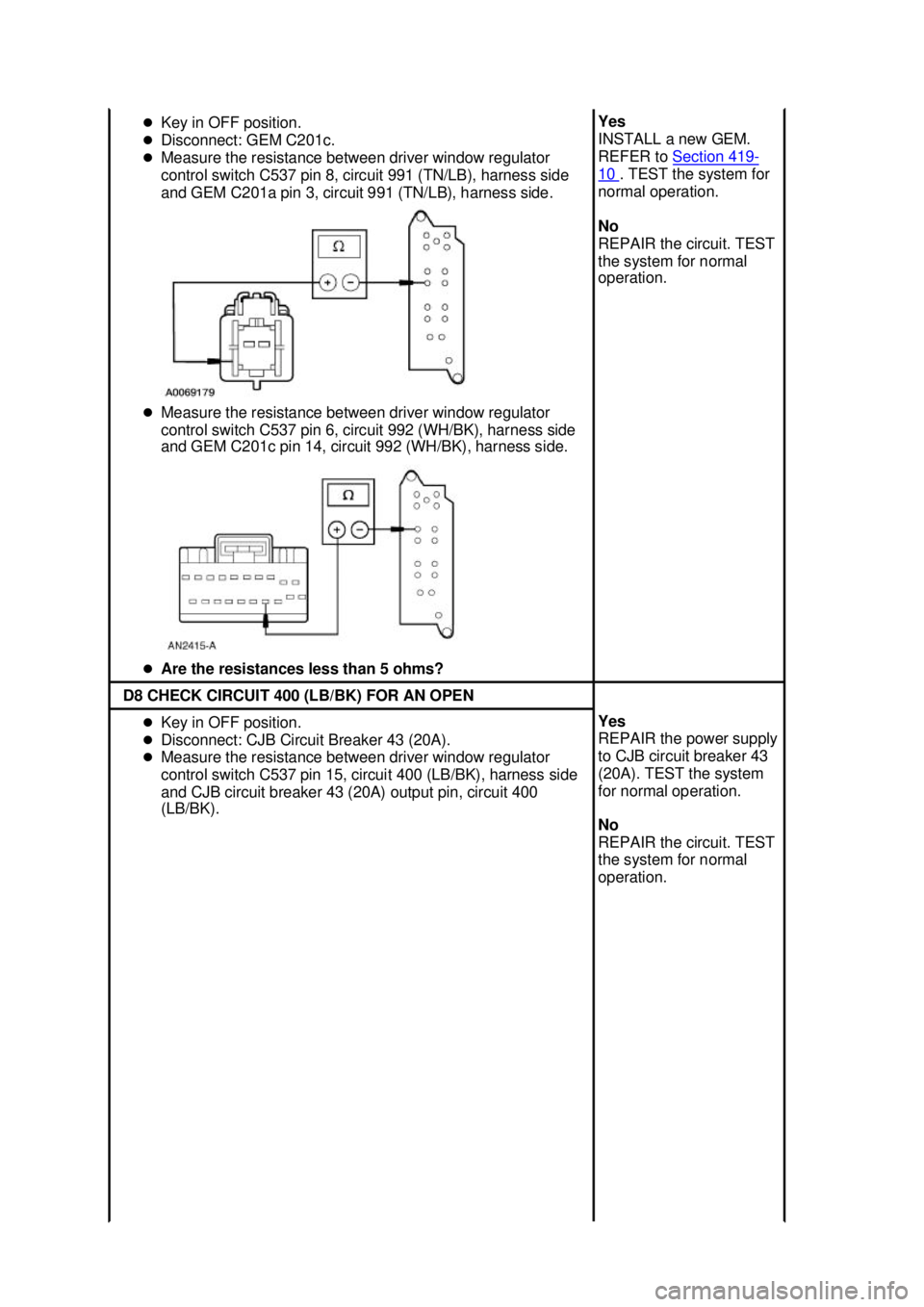 FORD MUSTANG 2003  Workshop Manual �z
Key in OFF position. 
�z Disconnect: GEM C201c. 
�z Measure the resistance between driver window regulator 
control switch C537 pin 8, circuit 991 (TN/LB), harness side 
and GEM C201a pin 3, circui