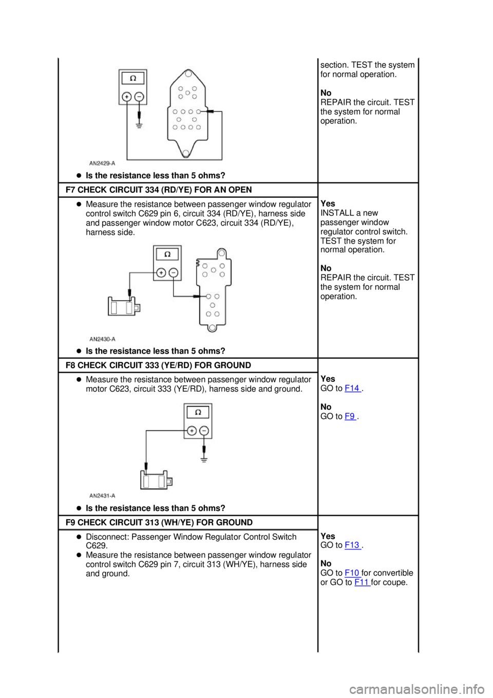FORD MUSTANG 2003  Workshop Manual �z
Is the resistance less than 5 ohms?  section. TEST the system 
for normal operation. 
No 
REPAIR the circuit. TEST 
the system for normal 
operation. 
F7 CHECK CIRCUIT 334 (RD/YE) FOR AN OPEN 
�z
M