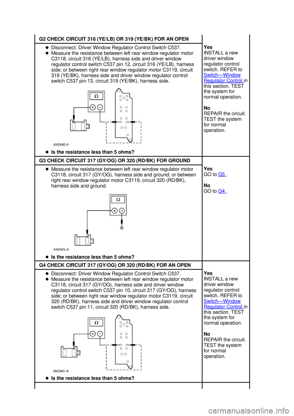 FORD MUSTANG 2003  Workshop Manual G2 CHECK CIRCUIT 316 (YE/LB) OR 319 (YE/BK) FOR AN OPEN 
�z
Disconnect: Driver Window Regulator Control Switch C537. 
�z Measure the resistance between left rear window regulator motor 
C3118, circuit