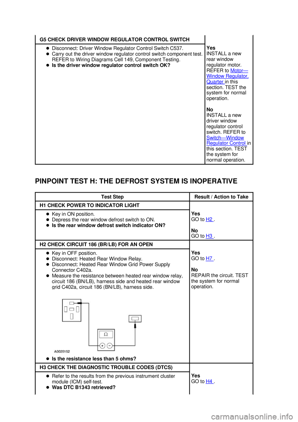 FORD MUSTANG 2003  Workshop Manual PINPOINT TEST H: THE DEFROST SYSTEM IS INOPERATIVE  G5 CHECK DRIVER WINDOW REGULATOR CONTROL SWITCH 
�z
Disconnect: Driver Window Regulator Control Switch C537. 
�z Carry out the driver window regulat