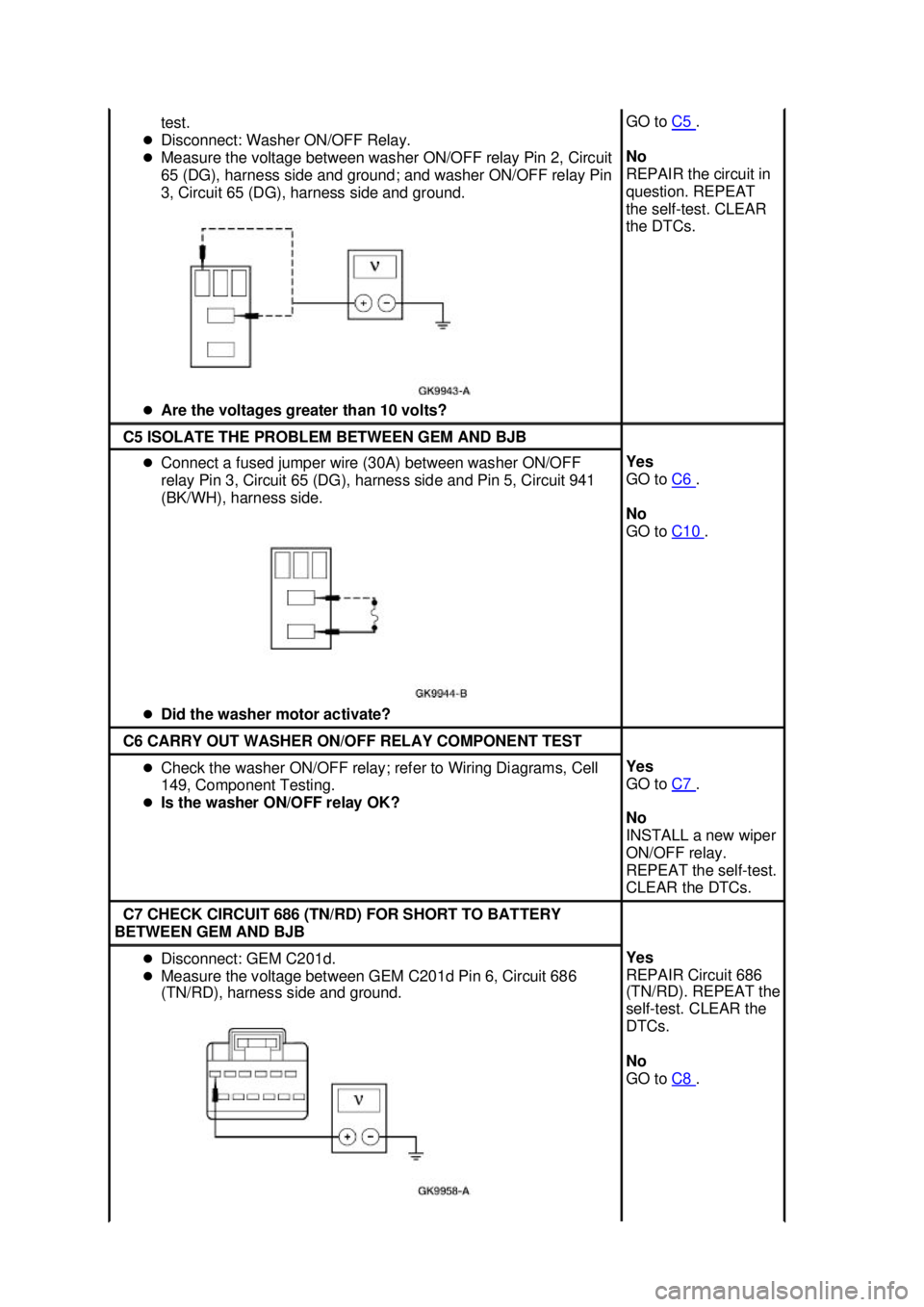 FORD MUSTANG 2003  Workshop Manual test. 
�z Disconnect: Washer ON/OFF Relay. 
�z Measure the voltage between washer ON/OFF relay Pin 2, Circuit 
65 (DG), harness side and ground; and washer ON/OFF relay Pin 
3, Circuit 65 (DG), harnes