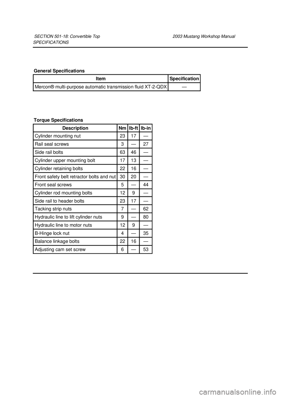 FORD MUSTANG 2003  Workshop Manual SPECIFICATIONS 
SECTION 501-
18: Convertible Top  2003 Mustang Workshop Manual General Specifications 
Item  Specification 
Mercon® multi-
purpose automatic transmission fluid XT -2-QDX  —
Torque S