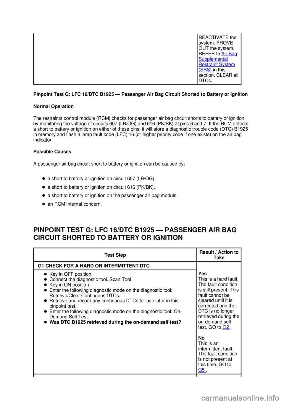 FORD MUSTANG 2003  Workshop Manual Pinpoint Test G: LFC 16/DTC B1925 —
Passenger Air Bag Circuit Shorted to Battery or Ignition 
Normal Operation 
The restraints control module (RCM) checks for passenger air bag circuit shorts to bat