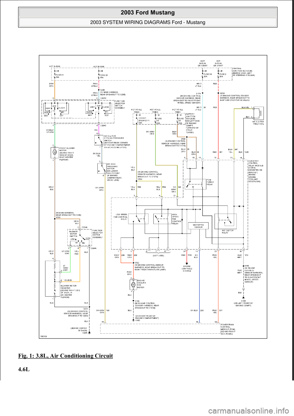 FORD MUSTANG 2003  Workshop Manual Fig. 1: 3.8L, Air Conditioning Circuit 
4.6L 
 
2003 Ford Mustang 
2003 SYSTEM WIRING DIAGRAMS Ford - Mustang  
111  
18  ноября  2011 г. 12:45:09Page 2 © 2006 Mitchell Repair Information Comp