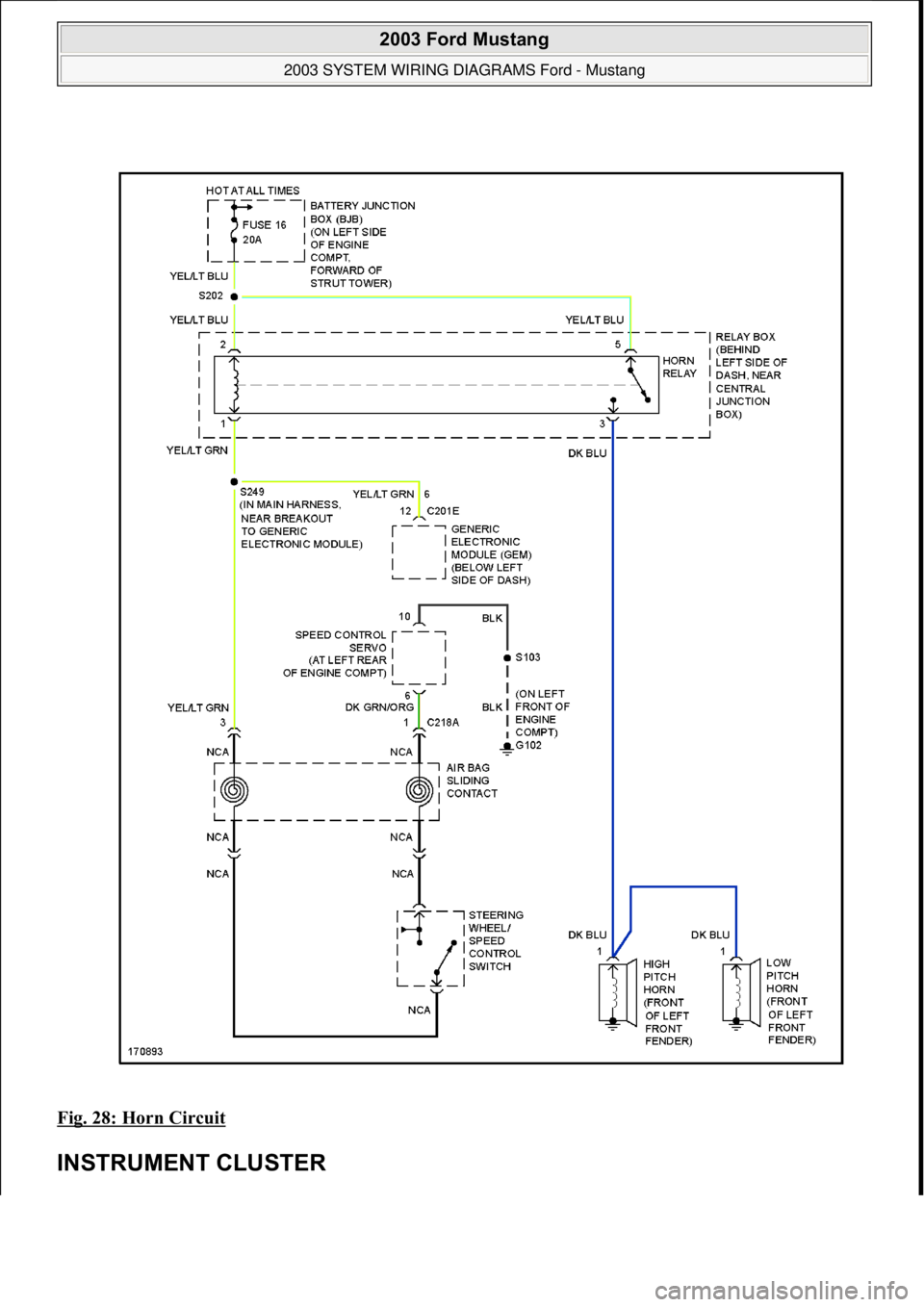 FORD MUSTANG 2003  Workshop Manual Fig. 28: Horn Circuit 
INSTRUMENT CLUSTER 
 
2003 Ford Mustang 
2003 SYSTEM WIRING DIAGRAMS Ford - Mustang  
111  
18 ноября  2011 г. 12:45:09Page 29 © 2006 Mitchell Repair Information Company