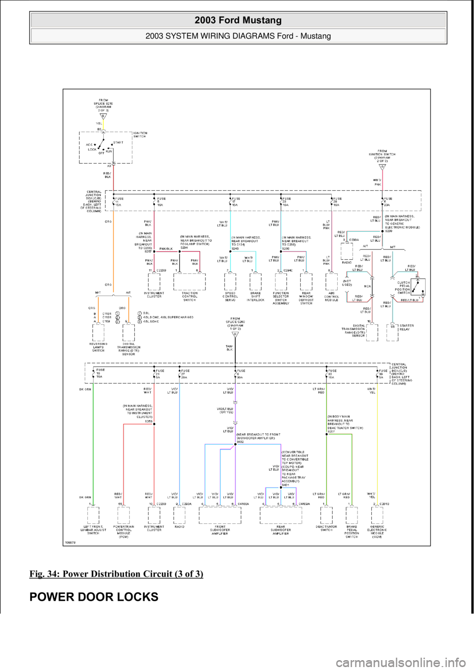 FORD MUSTANG 2003  Workshop Manual Fig. 34: Power Distribution Circuit (3 of 3) 
POWER DOOR LOCKS 
 
2003 Ford Mustang 
2003 SYSTEM WIRING DIAGRAMS Ford - Mustang  
111  
18 ноября  2011 г. 12:45:09Page 35 © 2006 Mitchell Repai