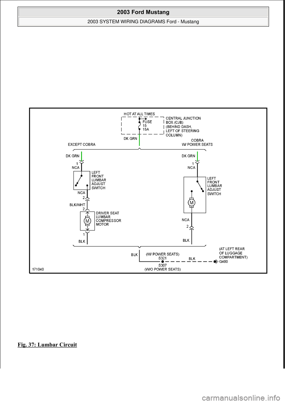 FORD MUSTANG 2003  Workshop Manual Fig. 37: Lumbar Circuit 
 
2003 Ford Mustang 
2003 SYSTEM WIRING DIAGRAMS Ford - Mustang  
111  
18 ноября  2011 г. 12:45:09Page 38 © 2006 Mitchell Repair Information Company, LLC.  