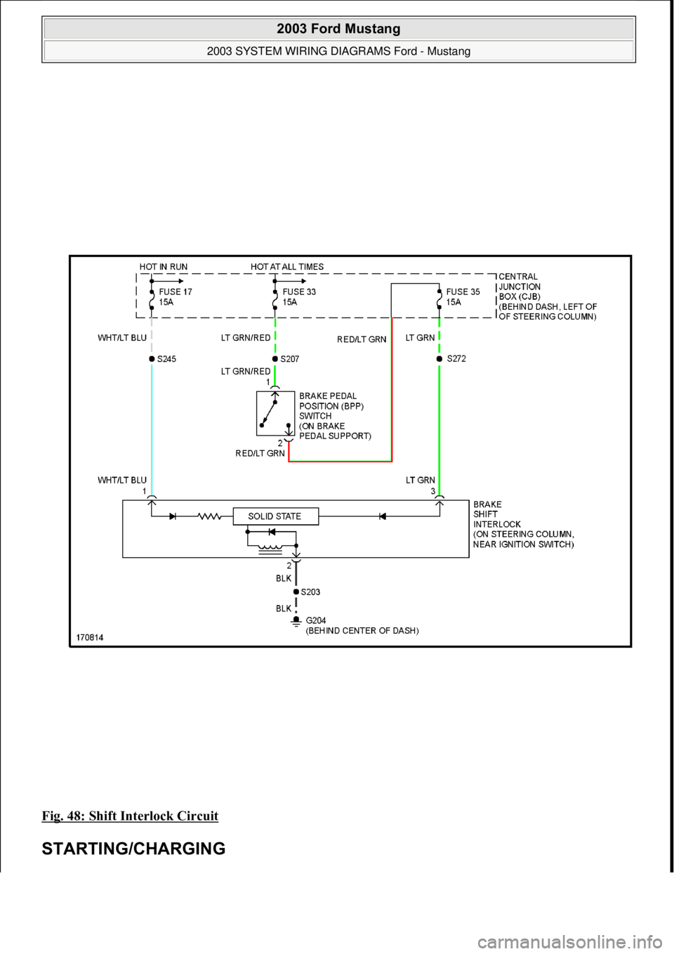 FORD MUSTANG 2003  Workshop Manual Fig. 48: Shift Interlock Circuit 
STARTING/CHARGING 
 
2003 Ford Mustang 
2003 SYSTEM WIRING DIAGRAMS Ford - Mustang  
111  
18 ноября  2011 г. 12:45:09Page 49 © 2006 Mitchell Repair Informati