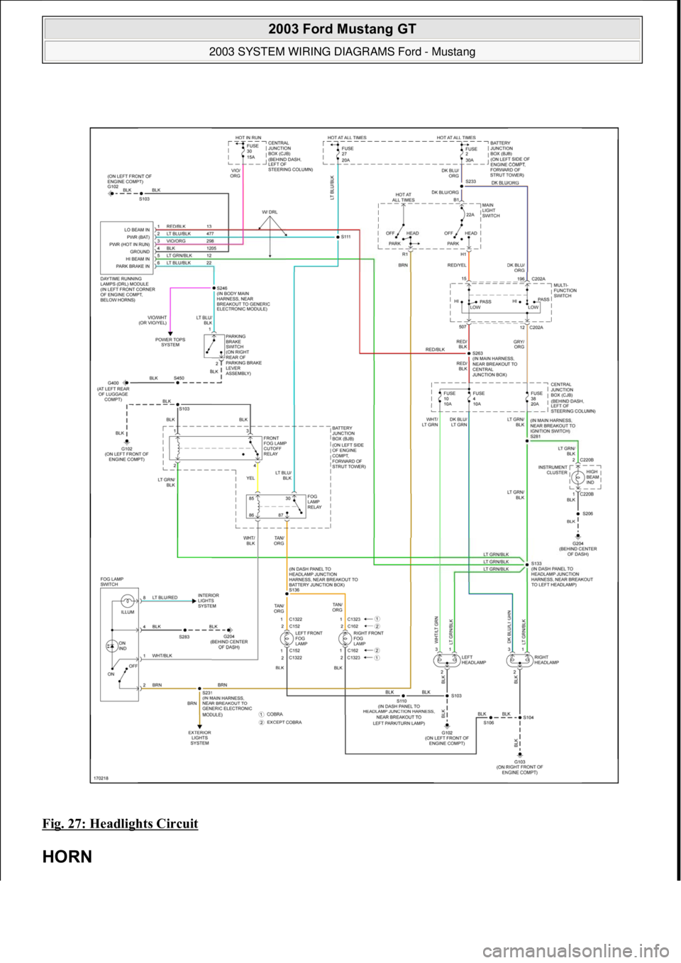 FORD MUSTANG 2003  Workshop Manual Fig. 27: Headlights Circuit 
HORN 
 
2003 Ford Mustang GT 
2003 SYSTEM WIRING DIAGRAMS Ford - Mustang  
111  
18 ноября  2011 г. 12:50:34Page 28 © 2006 Mitchell Repair Information Company, LLC