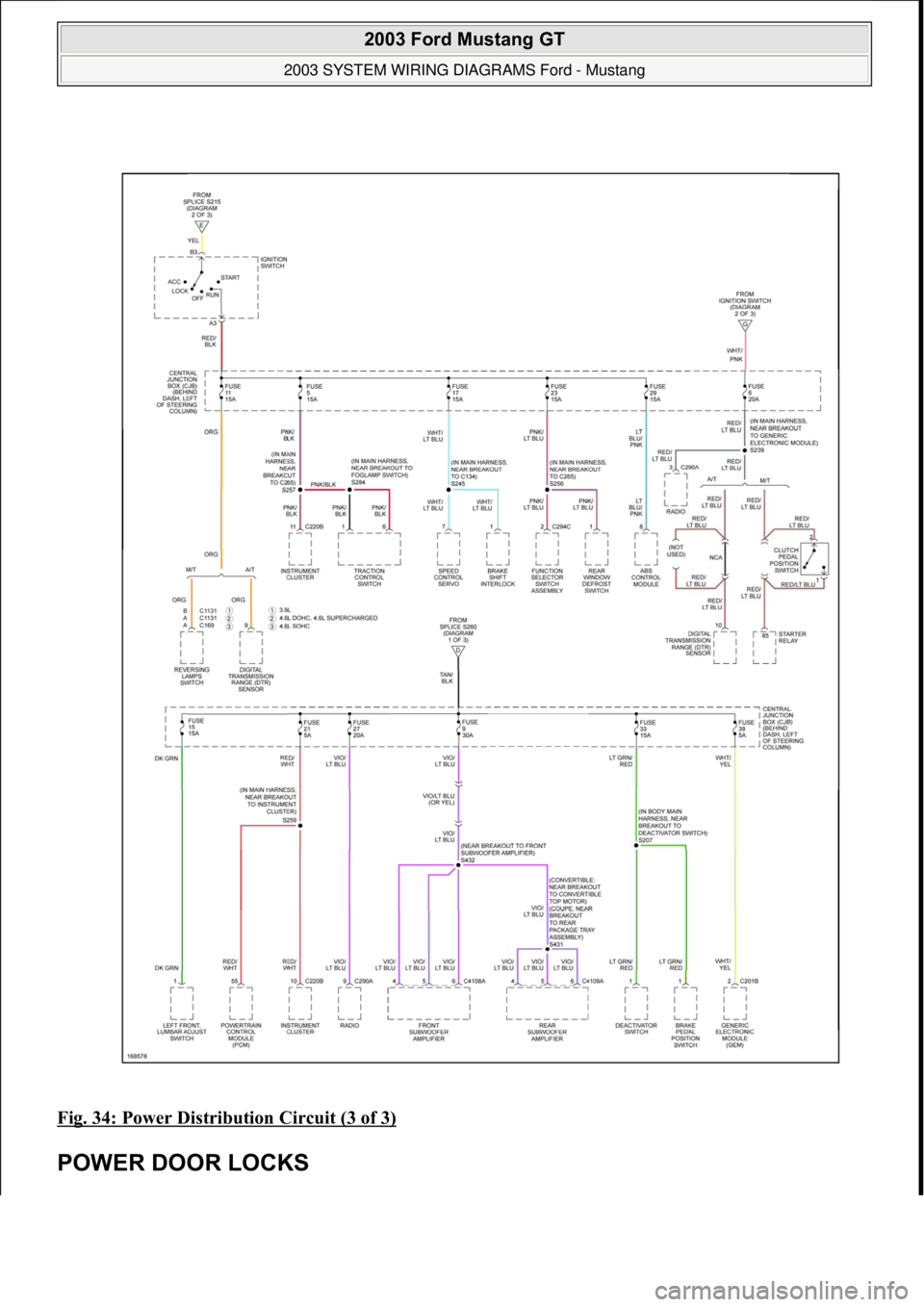 FORD MUSTANG 2003  Workshop Manual Fig. 34: Power Distribution Circuit (3 of 3) 
POWER DOOR LOCKS 
 
2003 Ford Mustang GT 
2003 SYSTEM WIRING DIAGRAMS Ford - Mustang  
111  
18 ноября  2011 г. 12:50:34Page 35 © 2006 Mitchell Re