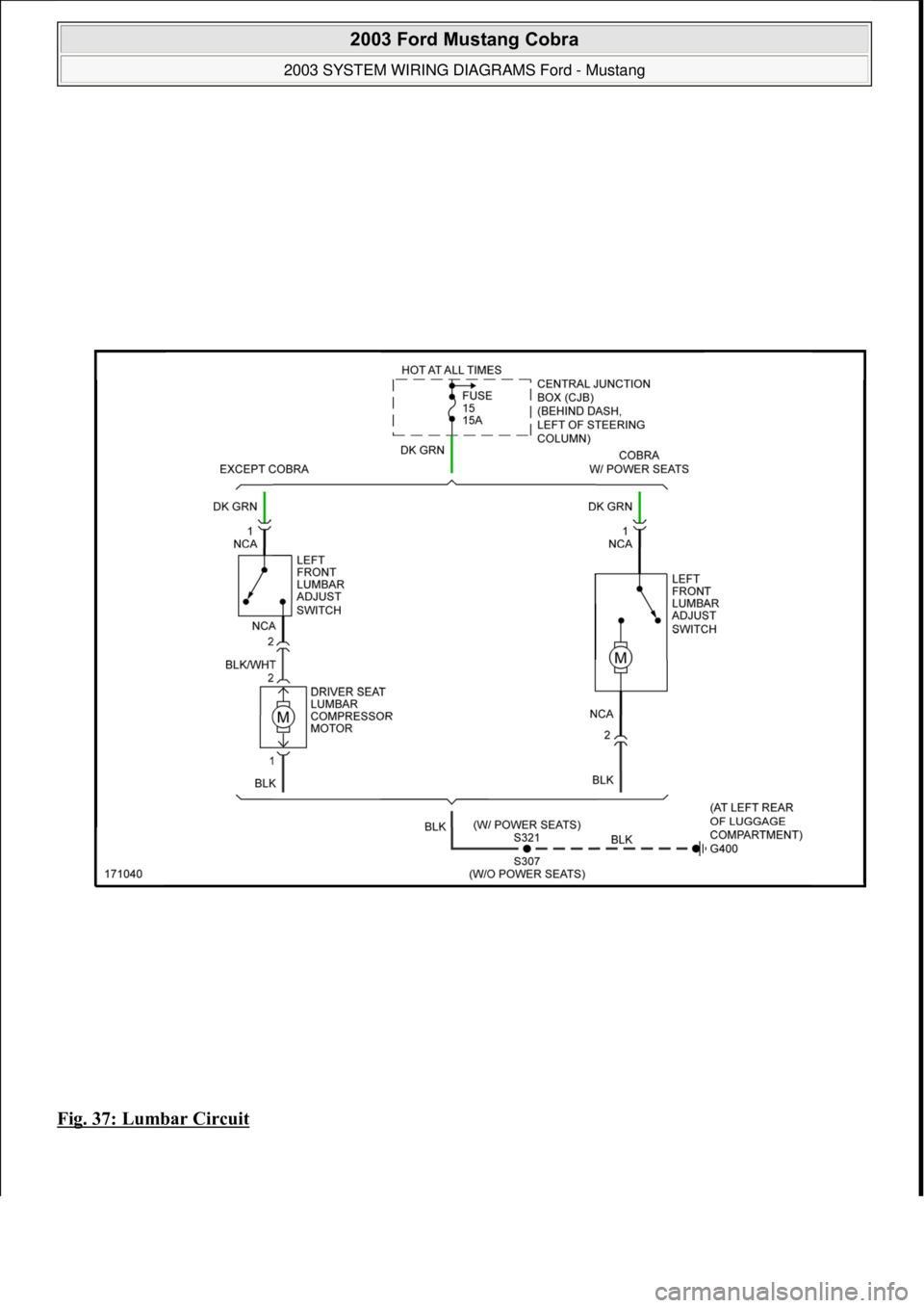 FORD MUSTANG 2003  Workshop Manual Fig. 37: Lumbar Circuit 
 
2003 Ford Mustang Cobra 
2003 SYSTEM WIRING DIAGRAMS Ford - Mustang  
111  
18 ноября  2011 г. 12:47:06Page 38 © 2006 Mitchell Repair Information Company, LLC.  