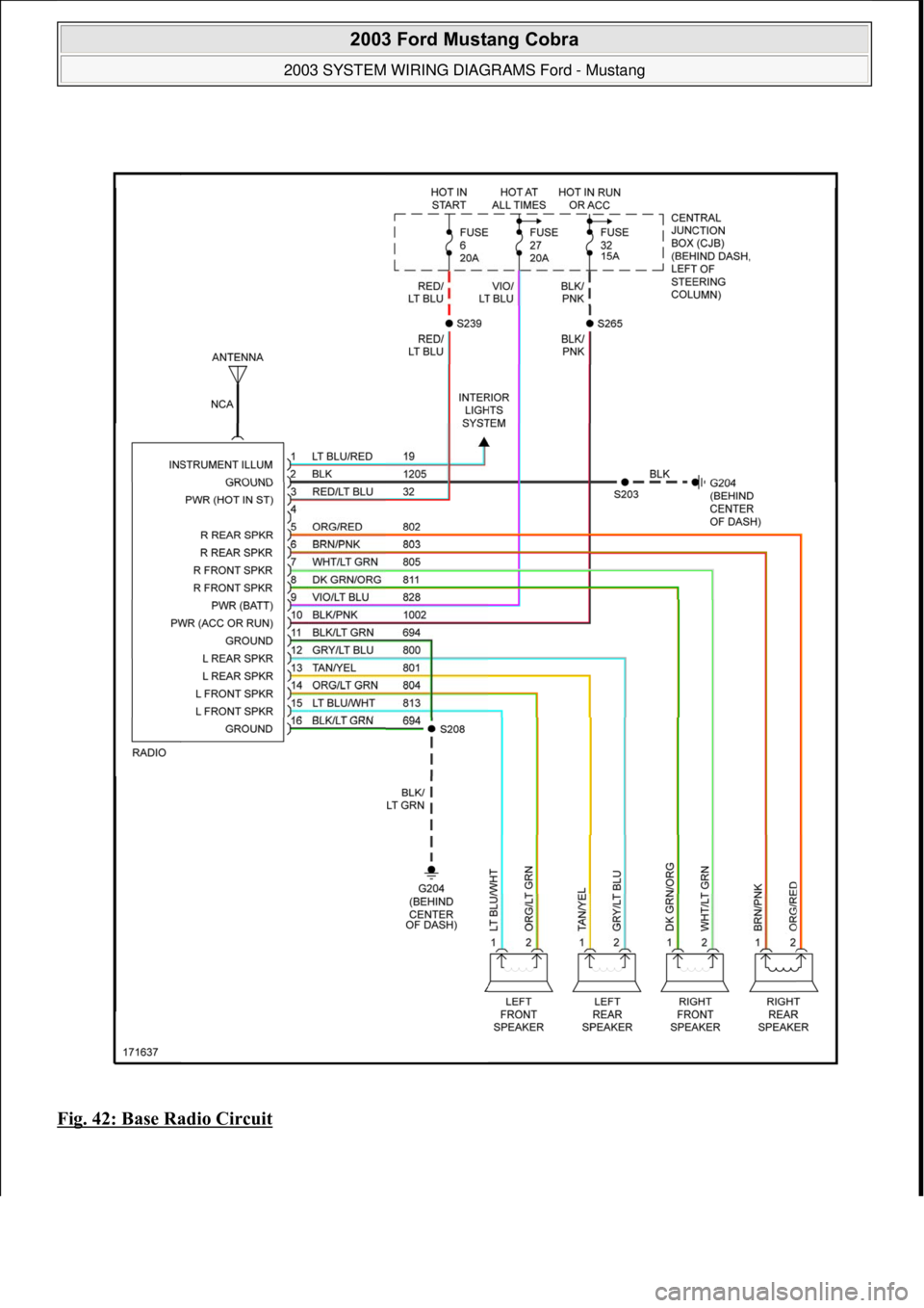 FORD MUSTANG 2003  Workshop Manual Fig. 42: Base Radio Circuit
 
2003 Ford Mustang Cobra 
2003 SYSTEM WIRING DIAGRAMS Ford - Mustang  
111  
18 ноября  2011 г. 12:47:06Page 43 © 2006 Mitchell Repair Information Company, LLC.  