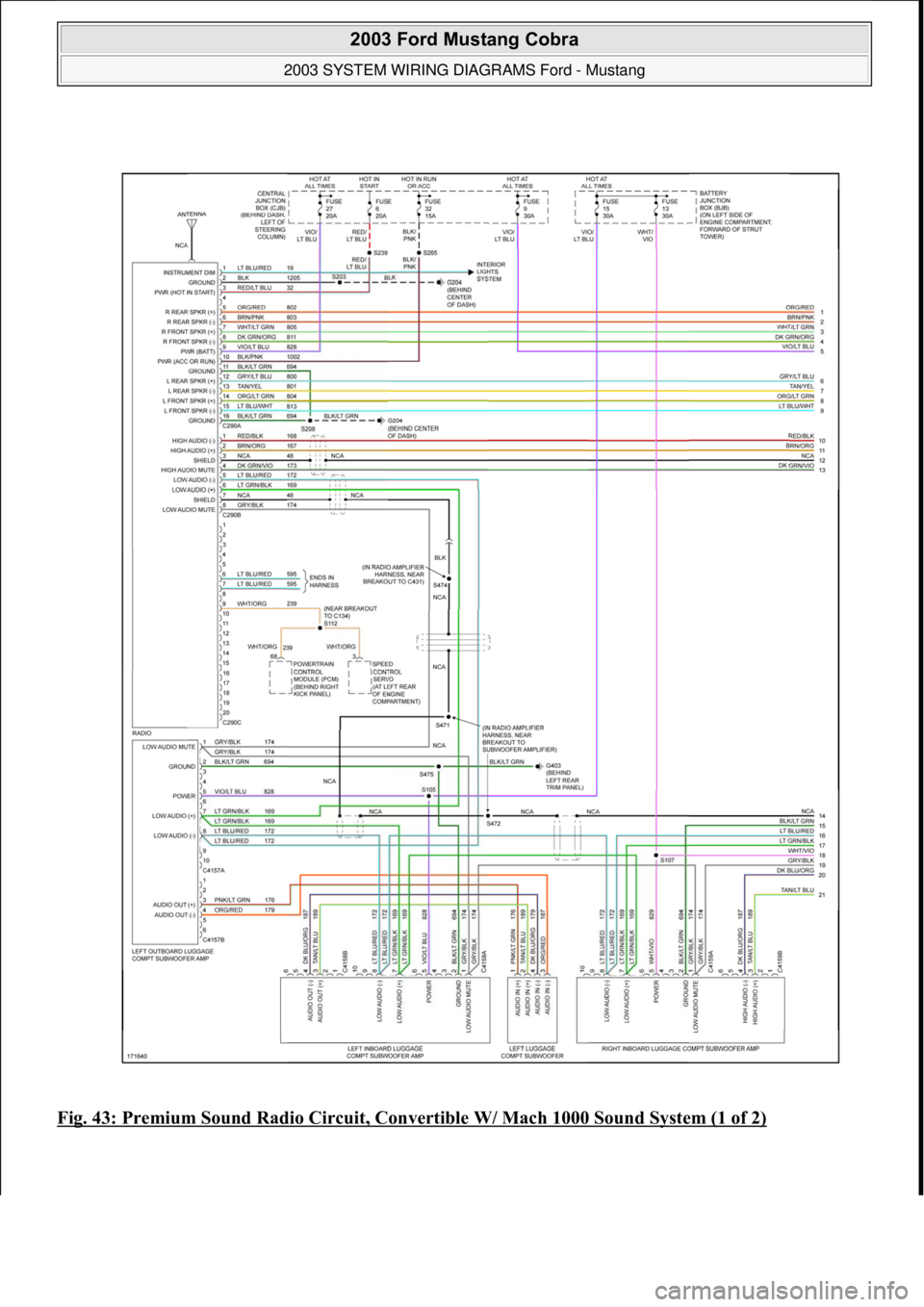 FORD MUSTANG 2003  Workshop Manual Fig. 43: Premium Sound Radio Circuit, Convertible W/ Mach 1000 Sound System (1 of 2)
 
2003 Ford Mustang Cobra 
2003 SYSTEM WIRING DIAGRAMS Ford - Mustang  
111  
18 ноября  2011 г. 12:47:06Pag