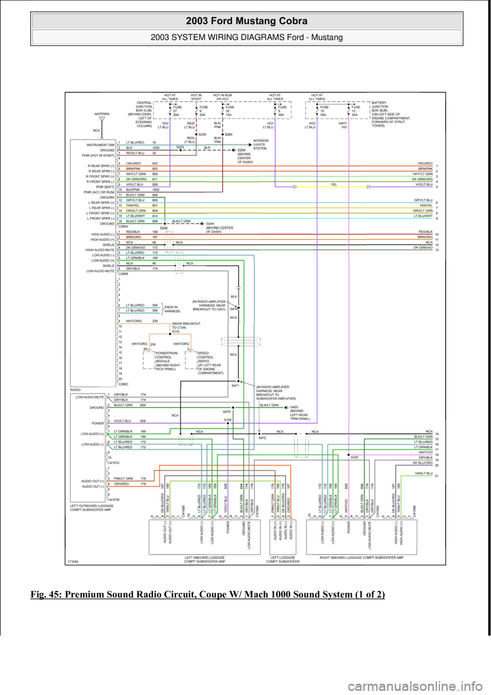 FORD MUSTANG 2003  Workshop Manual Fig. 45: Premium Sound Radio Circuit, Coupe W/ Mach 1000 Sound System (1 of 2) 
 
2003 Ford Mustang Cobra 
2003 SYSTEM WIRING DIAGRAMS Ford - Mustang  
111  
18 ноября  2011 г. 12:47:06Page 46 