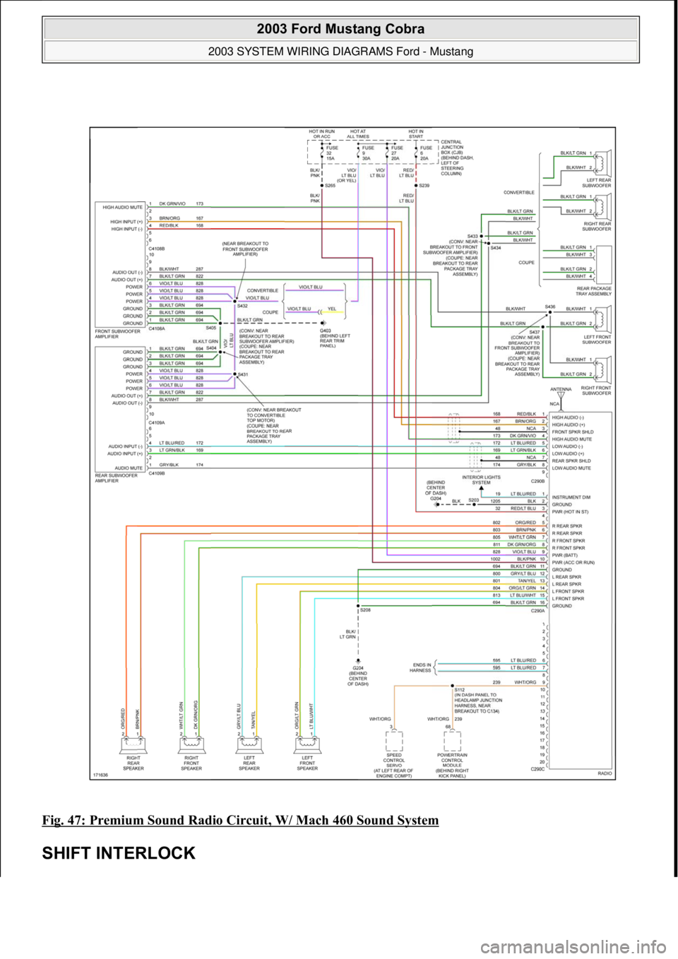 FORD MUSTANG 2003  Workshop Manual Fig. 47: Premium Sound Radio Circuit, W/ Mach 460 Sound System 
SHIFT INTERLOCK 
 
2003 Ford Mustang Cobra 
2003 SYSTEM WIRING DIAGRAMS Ford - Mustang  
111  
18 ноября  2011 г. 12:47:07Page 48