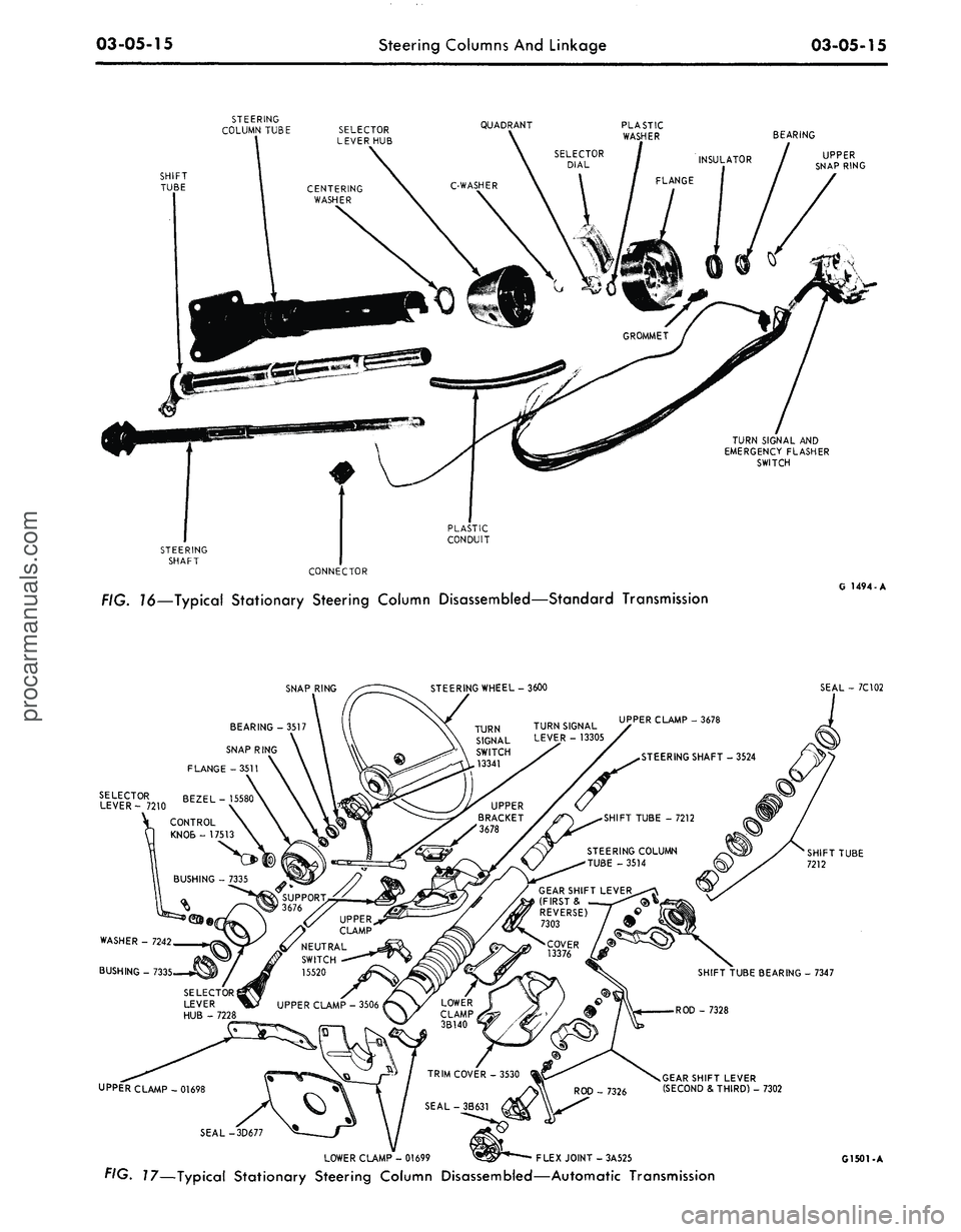 FORD MUSTANG 1969  Volume One Chassis 
03-05-15 
Steering Columns And Linkage

03-05-15

SHIFT

TUBE 
STEERING

COLUMN
 TUBE
 SELECTOR

I
 LEVER
 HUB

\
 CENTERING

I
 WASHER 
QUADRANT

BEARING

UPPER

SNAP RING

TURN SIGNAL AND

EMERGENC