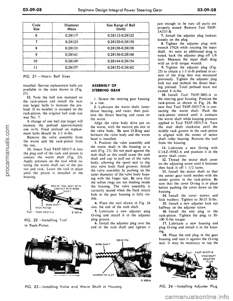 FORD MUSTANG 1969 Volume One Chassis
03-09-08
Saginaw Design Integral Power Steering Gear
03-09-08
Code
Size
6
7
8
9
10
11
Diameter
Mean
0.28117
0.28125
0.28133
0.28141
0.28149
0.28157
Size Range of Ball
(Inch)
0.28 FORD MUSTANG 1969 Volume One Chassis
03-09-08
Saginaw Design Integral Power Steering Gear
03-09-08
Code
Size
6
7
8
9
10
11
Diameter
Mean
0.28117
0.28125
0.28133
0.28141
0.28149
0.28157
Size Range of Ball
(Inch)
0.28