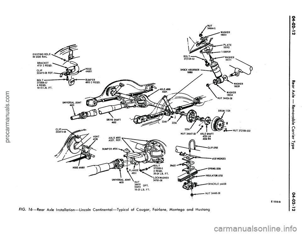 FORD MUSTANG 1969  Volume One Chassis 
WASHER

18041

EXISTING
 HOLE

IN
 SIDE RAIL

#1
 NUT 372188-

S32

4137-WEDGES

SPRING-5556

INSULATOR-5732

SHACKLE
 5A630

NUT34448-S8

E
 1510-B

FIG. 16—Rear Axle Installation—Lincoln Contin