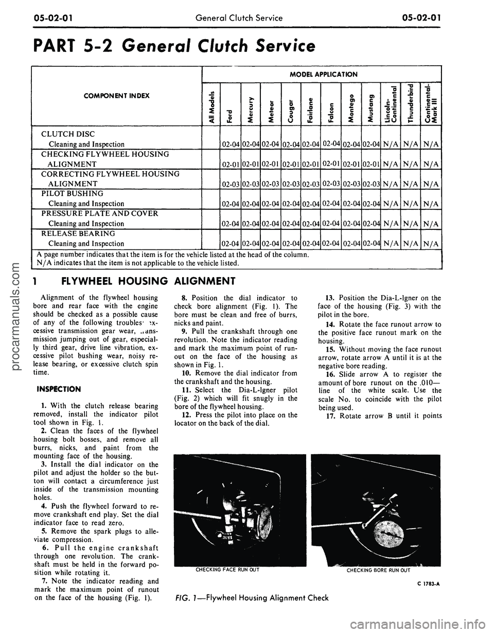 FORD MUSTANG 1969  Volume One Chassis 
05-02-01 
General Clutch Service

05-02-01

PART
 5-2
 General Clutch Service

COMPONENT INDEX 
MODEL APPLICATION

3

a> 
1 
o>

il

•U 
i 
!-

II

CLUTCH DISC

Cleaning and Inspection

02-04 
02-0