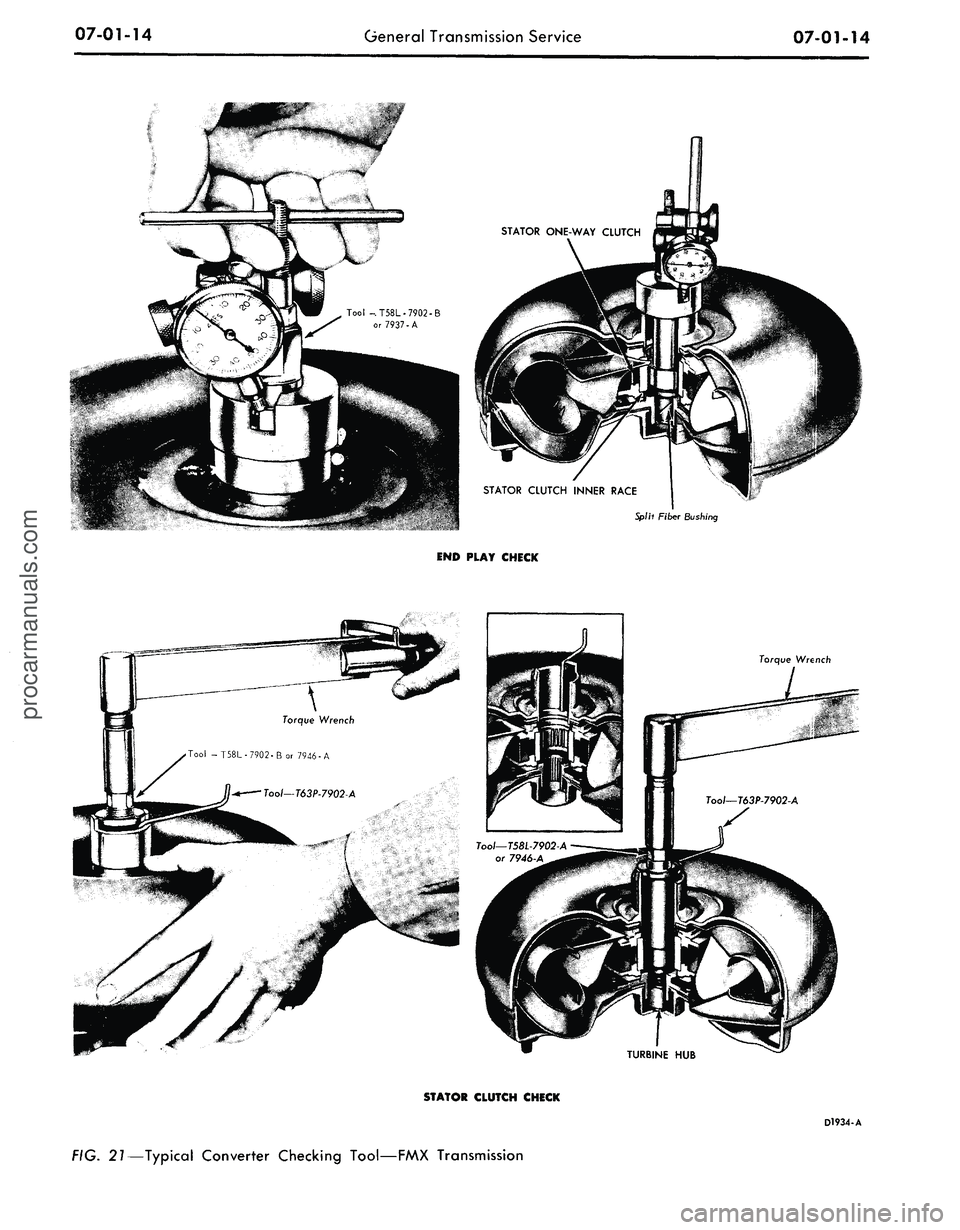 FORD MUSTANG 1969  Volume One Chassis 
07-01-14

General Transmission Service

07-01-14

STATOR CLUTCH INNER RACE

Splh Fiber Bushing

END PLAY CHECK

Torque
 Wrench

Torque
 Wrench

Tool -T58L-7902-B or 7946-A

TURBINE HUB

STATOR CLUTCH