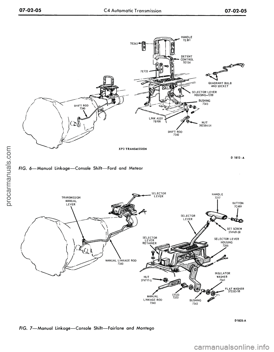 FORD MUSTANG 1969  Volume One Chassis 
07-02-05 
C4 Automatic Transmission

07 02-05

7E263

NUT

382384-S4

XP3 TRANSMISSION

D 1813-A

FIG.
 6—Manual
 Linkage—Console Shift—Ford and Meteor

TRANSMISSION

MANUAL

LEVER

MANUAL S™