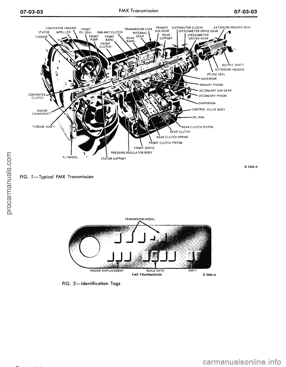 FORD MUSTANG 1969  Volume One Chassis 
07-03-03 
FMX Transmission

0703-03

PRIMARY DISTRIBUTOR SLEEVE EXTENSION HOUSING SEAL

SUN GEAR ! SPEEDOMETER DRIVE GEAR /

OIL SEAL ONE-WAY CLUTCH

FRONT FRONT

PUMP BAND

FRONT

CLUTCH

OUTPUT SHA