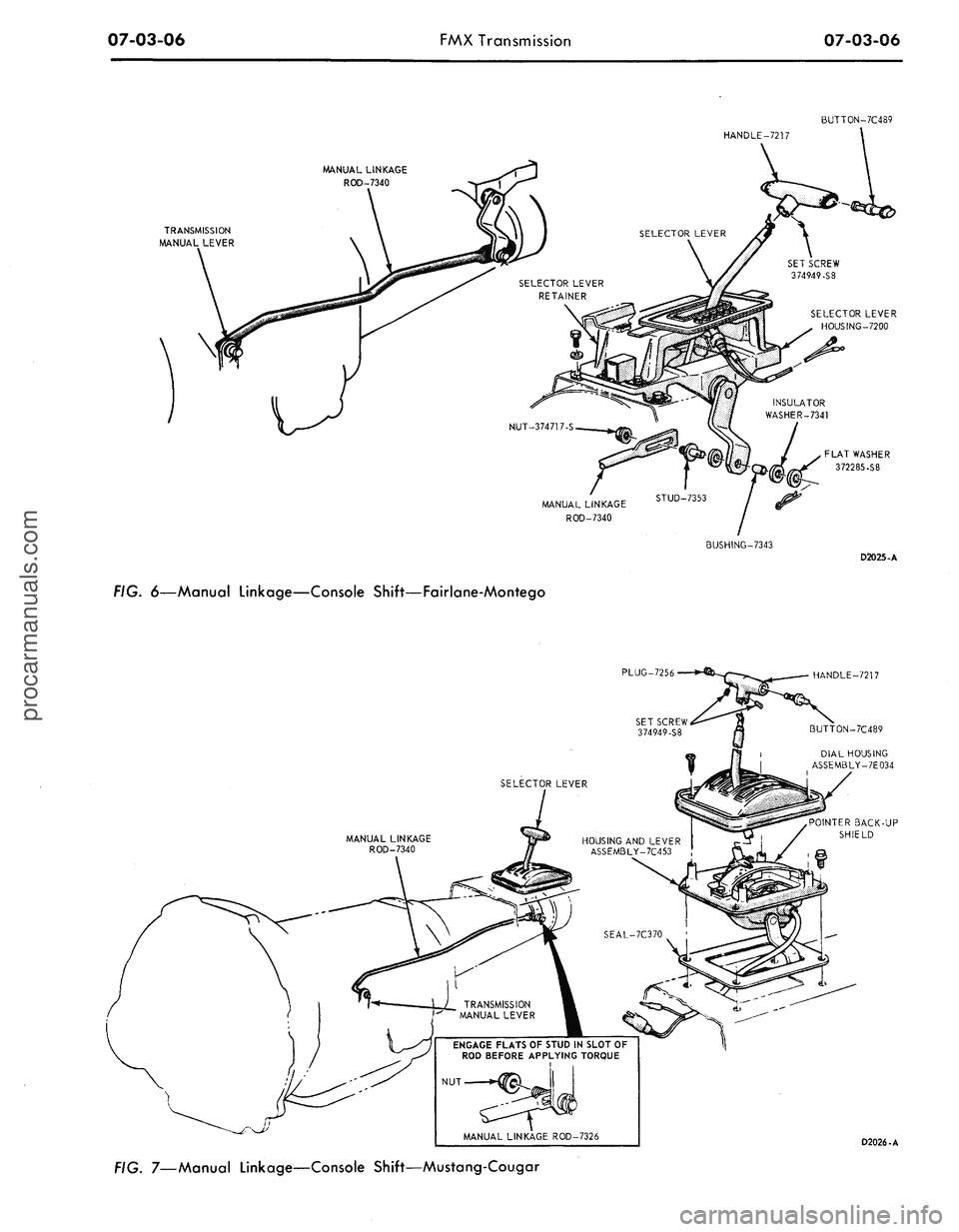 FORD MUSTANG 1969  Volume One Chassis 
07-03-06 
FMX Transmission 
07-03-06

BUTTON-7C489

TRANSMISSION

MANUAL LEVER 
MANUAL LINKAGE

ROD-7340 
HANDLE-7217

MANUAL LINKAGE

ROD-7340

BUSHING-7343

FIG.
 6—Manual
 Linkage—Console Shif