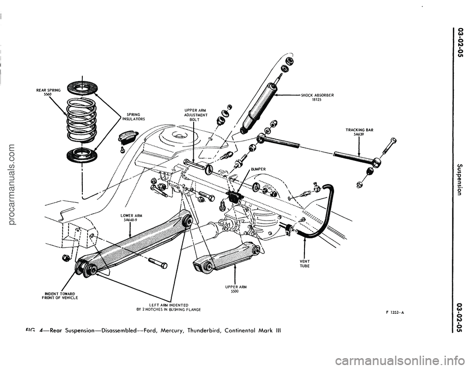 FORD MUSTANG 1969  Volume One Chassis 
o

CO

REAR SPRING

5560

!c€raMi~z 
6

VENT

TUBE

INDENT TOWARD

FRONT OF VEHICLE 
UPPER ARM

5500

LEFT ARM INDENTED

BY 2 NOTCHES IN BUSHING FLANGE

Pin. ^—Rear Suspension—Disassembled—F