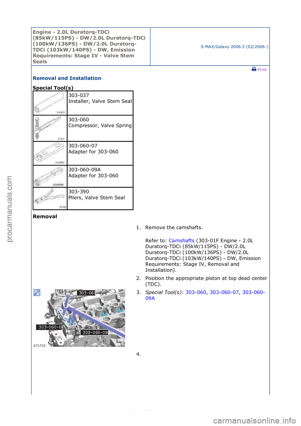 FORD S-MAX 2006  Service Repair Manual Engine - \b.0L \furatorq-T\fCi 
(85kW/115PS) - \fW/\b.0L \furatorq-T\fCi 
(100kW/136PS) - \fW/\b.0L \furatorq-
T\fCi (103kW/140PS) - \fW, Emission 
Requirements: Stage IV - Valve Stem 
Seals
S-MAX/G\b