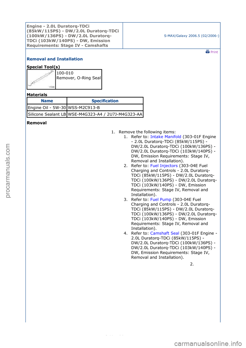 FORD S-MAX 2006  Service Repair Manual Engine - \b.0L \furatorq-T\fCi 
(85kW/115PS) - \fW/\b.0L \furatorq-T\fCi 
(100kW/136PS) - \fW/\b.0L \furatorq-
T\fCi (103kW/140PS) - \fW, Emission 
Requirements: Stage IV - Camshafts
S-MAX/G\bl\bxy\f2