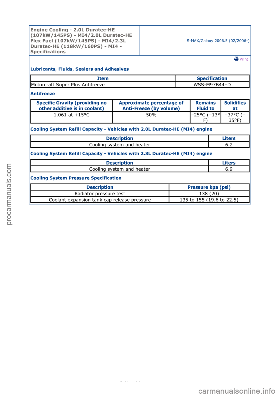 FORD S-MAX 2006  Service Repair Manual Engine C\b\bling - 2\f0L Duratec-HE 
(107kW/145PS) - MI4/2\f0L Duratec-HE 
Flex Fuel (107kW/145PS) - MI4/2\f3L 
Duratec-HE (118kW/160PS) - MI4 - 
Specificati\bns
S-MAX/G\bl\bxy\f2006.5\f(02/2006-)\fPr