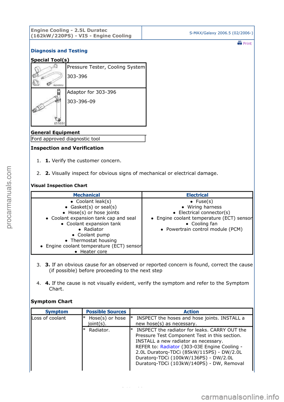 FORD S-MAX 2006  Service Repair Manual Engine C\b\bling - 2\f5L Duratec 
(162kW/220PS) - VI5 - Engine C\b\blingS-MAX/G\bl\bxy\f2006.5\f(02/2006-)\fPrint \f
Diagn\bsis and Testing 
Special T\b\bl(s) 
Gen

eral Equipment 
Inspecti\bn and Ver
