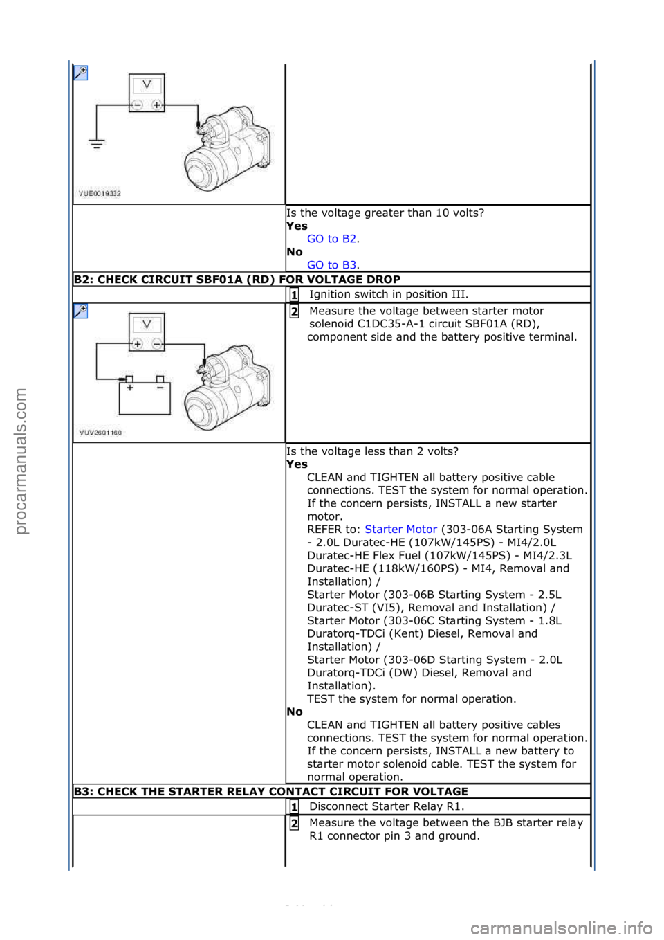 FORD S-MAX 2006  Service Repair Manual Is\fthe\fvolt\bge\fgre\bter\fth\bn\f10\fvolts?\f
Yes\bGO\fto\fB2.\f\f
No \b
GO

\fto\fB3.\f\f
B2:\bCHECK\bCIRCUIT\bSBF01A\b(RD)\bFOR\bVOLTAGE\bDROP
Ignition\fswitch\fin\fposition\fIII.\f1\b
Me\bsure\f