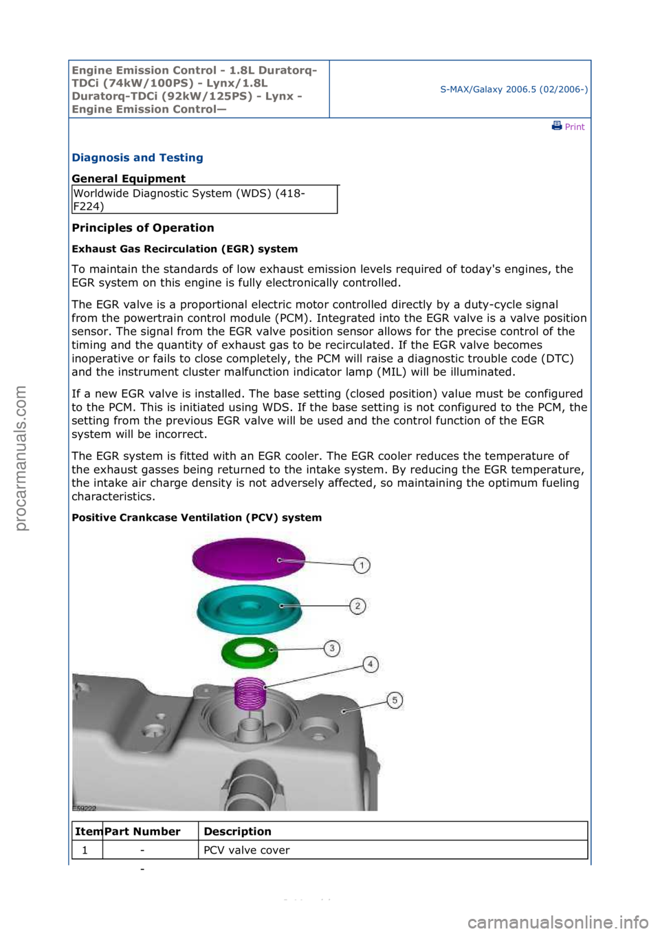 FORD S-MAX 2006  Service Repair Manual Engine Emi\b\bion Cont\fol - 1.8L Du\fato\fq-
TDCi (74kW/100PS) - Lynx/1.8L 
Du\fato\fq-TDCi (92kW/125PS) - Lynx - 
Engine Emi\b\bion Cont\fol—
S-MAX/G\bl\bxy\f2006.5\f(02/2006-)\fPrint \f
Diagno\bi