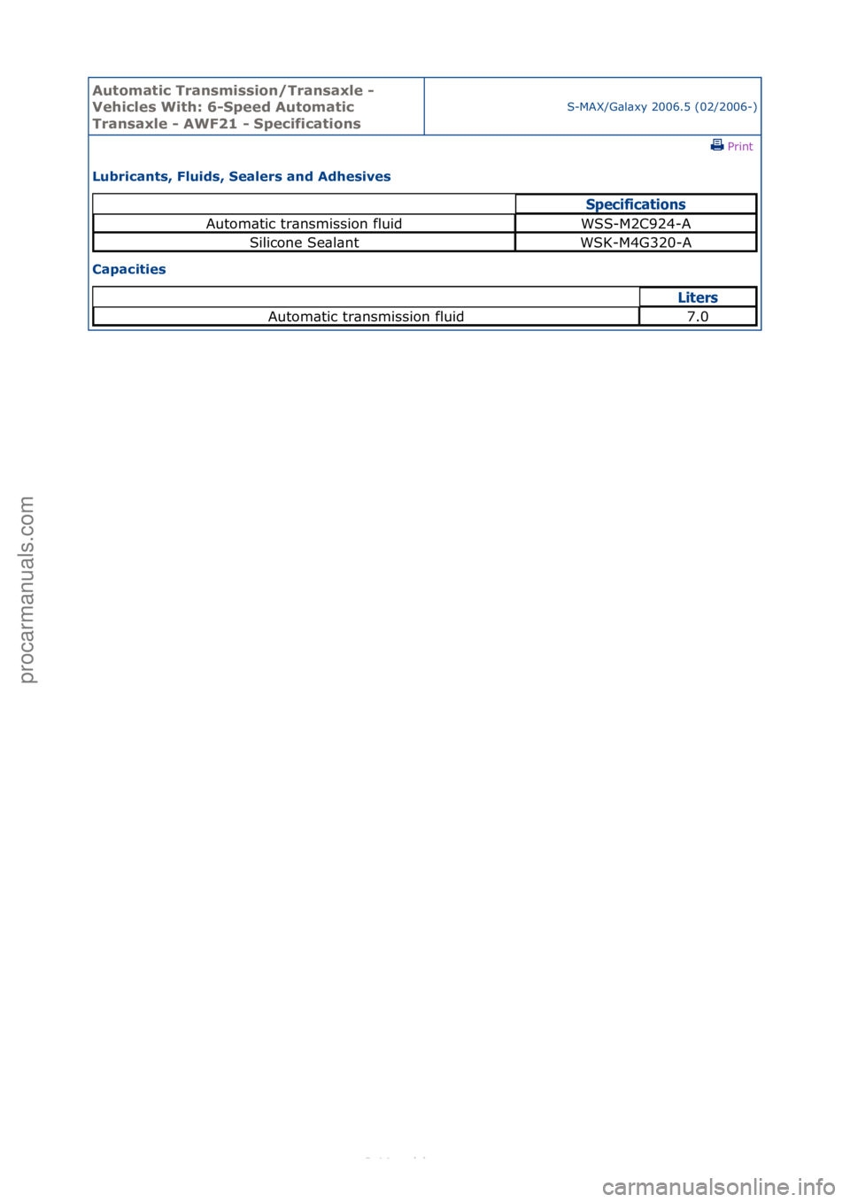 FORD S-MAX 2006  Service Repair Manual Automati\b Tra\fsmissio\f/Tra\fsaxle - 
Vehi\bles With: 6-Speed Automati\b 
Tra\fsaxle - AWF21 - Spe\bifi\batio\fs
S-MAX/G\bl\bxy\f2006.5\f(02/2006-)\fPrint \f
Lubri\ba\fts, Fluids, Sealers a\fd Adhes