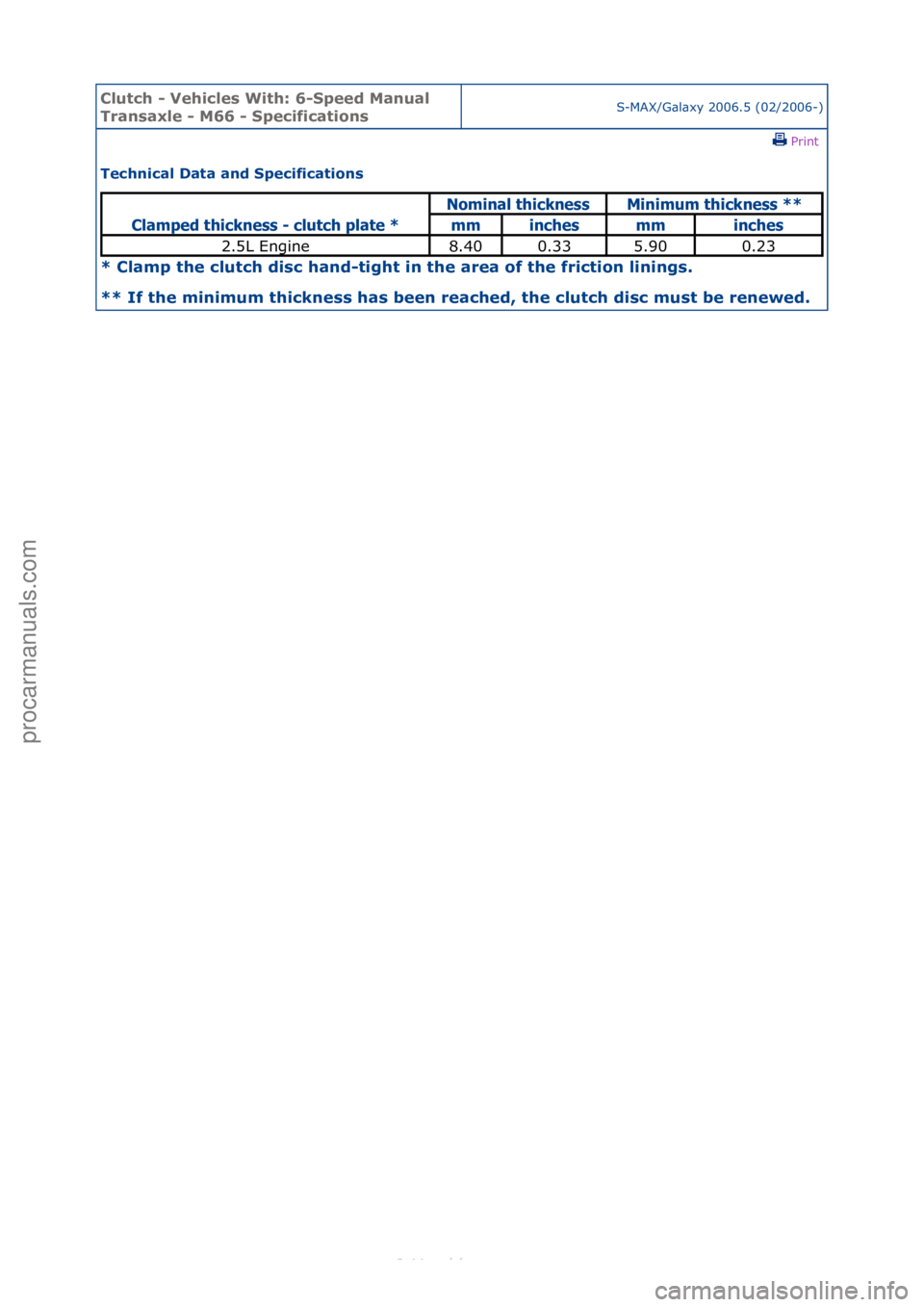 FORD S-MAX 2006  Service Repair Manual Clutch \b Vehicle\f With: 6\bSpeed Manual 
Tran\faxle \b M66 \b Specification\fS-MAX/G\bl\bxy\f2006.5\f(02/2006-)\fPrint \f
Technical Data and Specification\f 
* Clamp the clutch di\fc hand\btight in 