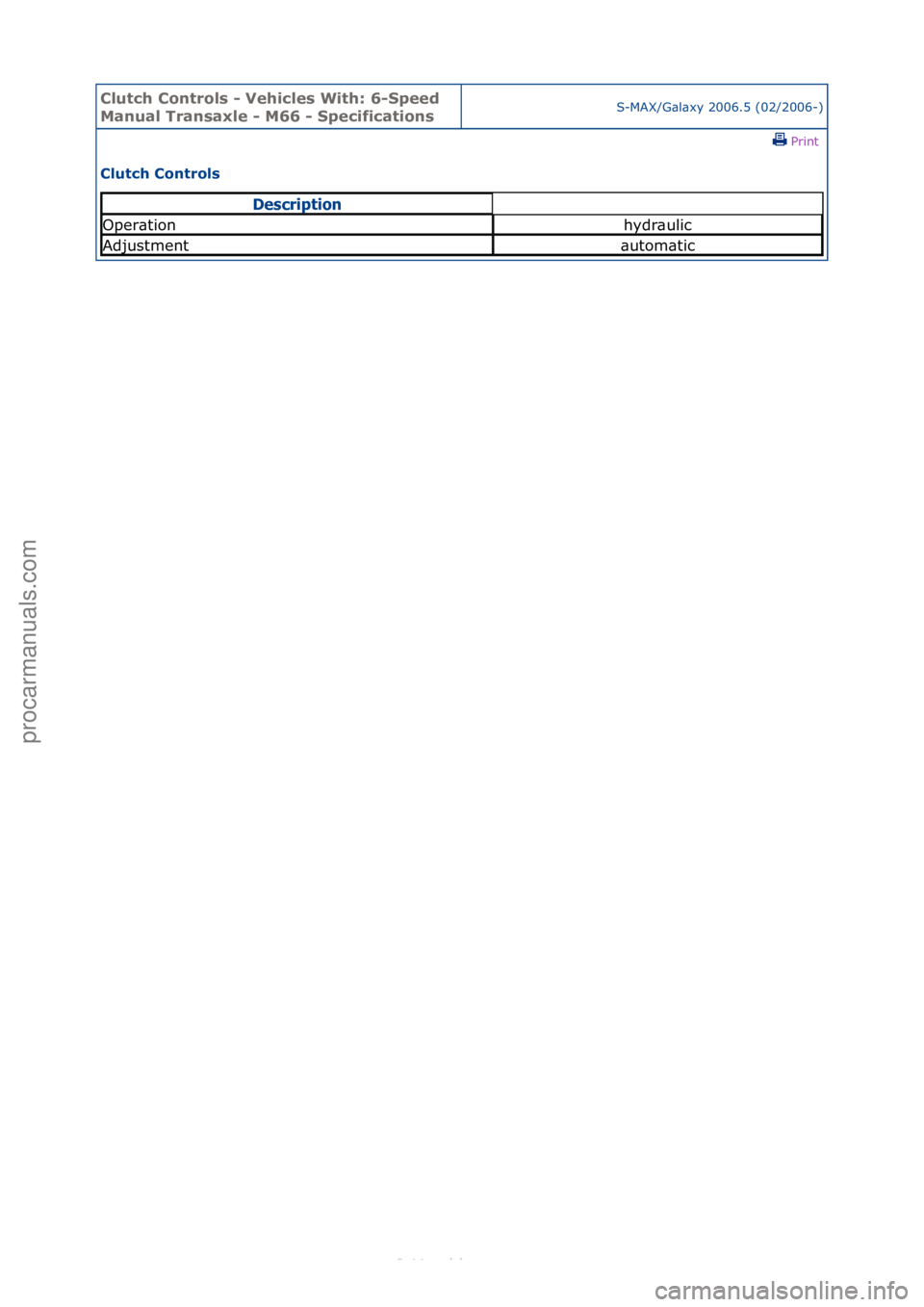 FORD S-MAX 2006  Service Repair Manual Clutch C\bntr\bls \f Vehicles With: 6\fSpeed 
Manual Transaxle \f M66 \f Specificati\bnsS-MAX/G\bl\bxy\f2006.5\f(02/2006-)\fPrint \f
Clutch C\bntr\bls 
Descrip\bion
Oper\btionhydr\bulic
Adjustment\but