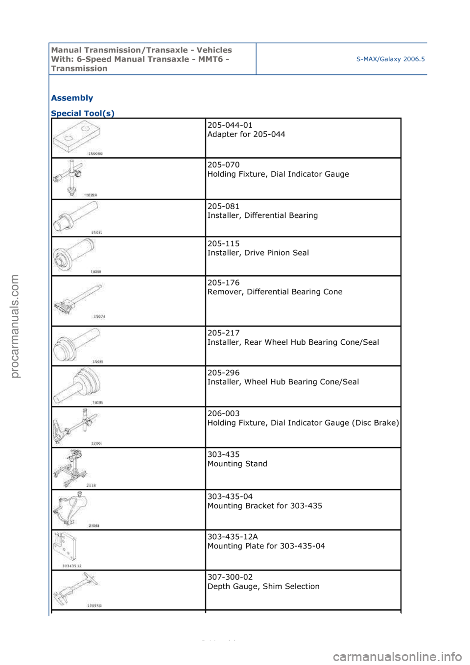 FORD S-MAX 2006  Service Repair Manual Manual T\bansmissi\fn/T\bansaxle - Vehicles 
With: 6-Speed Manual T\bansaxle - MMT6 - 
T\bansmissi\fn
S-MAX/G\bl\bxy\f2006.5\f(02/2006
Assembly 
Special T\f\fl(s) 
205-044-01\f
Ad\bpter\ffor\f205-044\