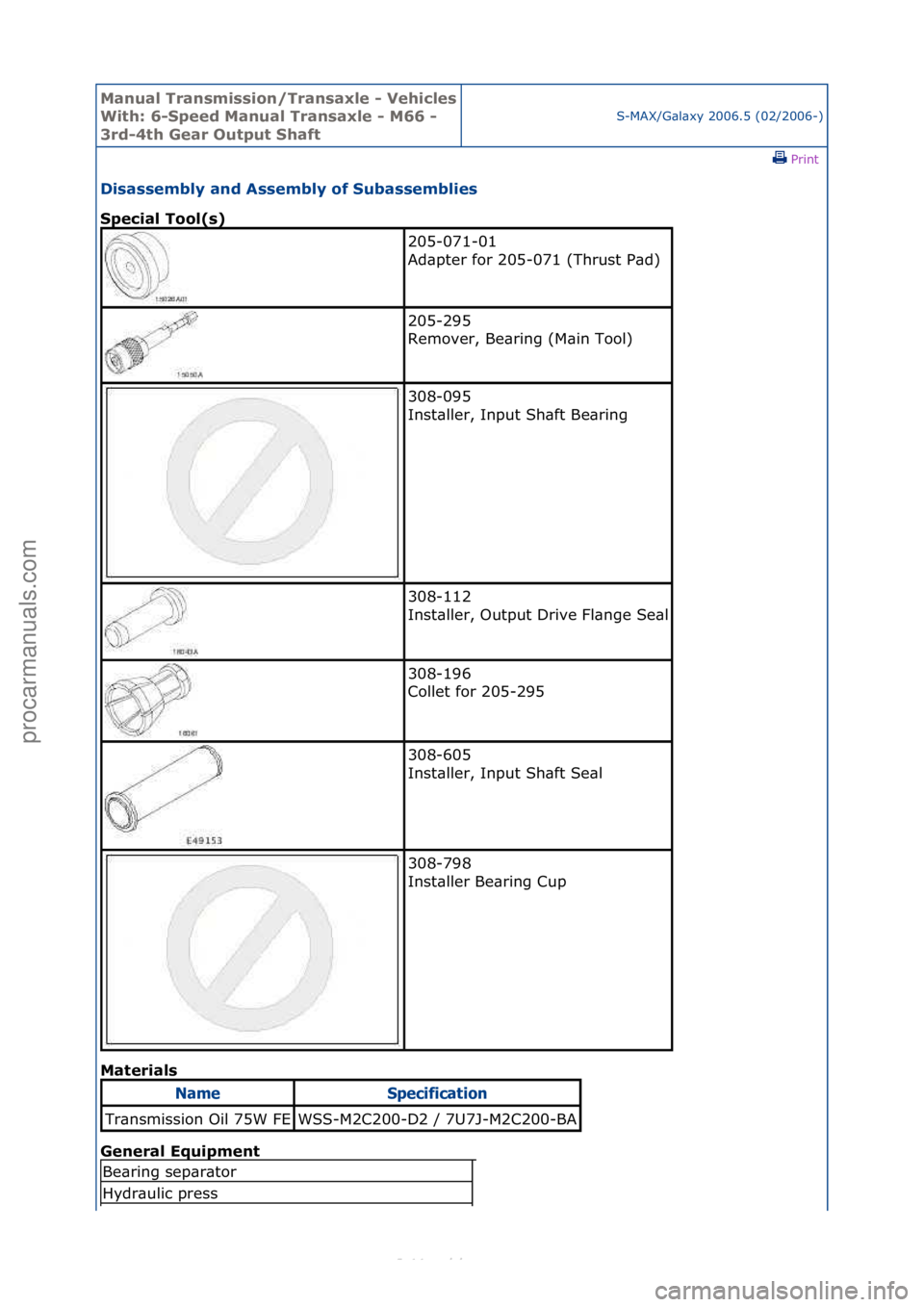 FORD S-MAX 2006  Service Repair Manual Manual T\bansmissi\fn/T\bansaxle - Vehicles 
With: 6-Speed Manual T\bansaxle - M66 - 
3\bd-4th Gea\b Output ShaftS-MAX/G\bl\bxy\f2006.5\f(02/2006-)\fPrint \f
Disassembly and Assembly \ff Subassemblies