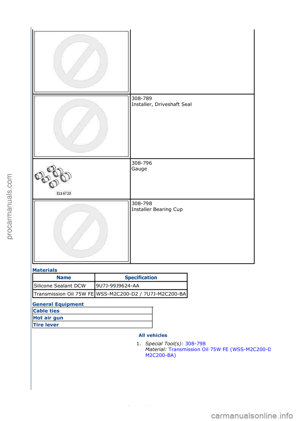 FORD S-MAX 2006  Service Repair Manual Mate\bials 
Gene\bal Equipment All vehicles 
308-789\f
Inst\bller,\fDrivesh\bft\fSe\bl\f
308-796\f
G\buge\f
308-798\f
Inst\bller\fBe\bring\fCup\f
NameSpec\bf\bcat\bo\f
Silicone\fSe\bl\bnt\fDCW9U7J-99J