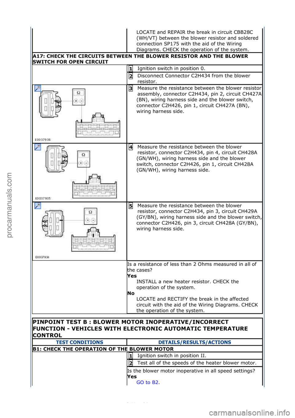 FORD S-MAX 2006  Service Repair Manual LOCATE\f\bnd\fREPAIR\fthe\fbre\bk\fin\fcircuit\fCBB28C\f
(WH/VT)\fbetween\fthe\fblower\fresistor\f\bnd\fsoldered\f
connection\fSP175\fwith\fthe\f\bid\fof\fthe\fWiring\f
Di\bgr\bms.\fCHECK\fthe\foper\b