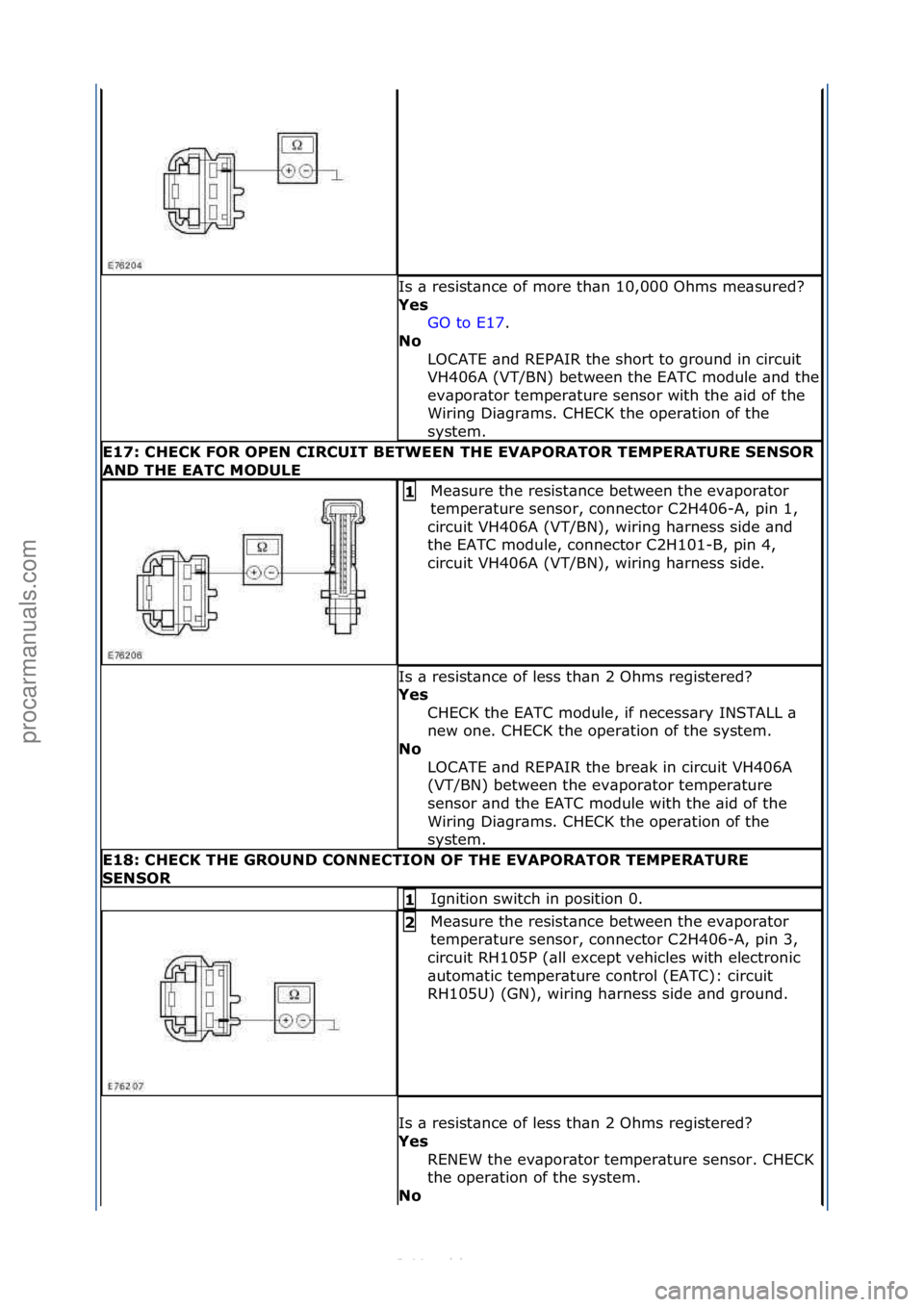 FORD S-MAX 2006  Service Repair Manual Is\f\b\fresist\bnce\fof\fmore\fth\bn\f10,000\fOhms\fme\bsured?\f
Yes\bGO\fto\fE17 .\f\f
No\b
L

OCATE\f\bnd\fREPAIR\fthe\fshort\fto\fground\fin\fcircuit\f
VH406A\f(VT/BN)\fbetween\fthe\fEATC\fmodule\f