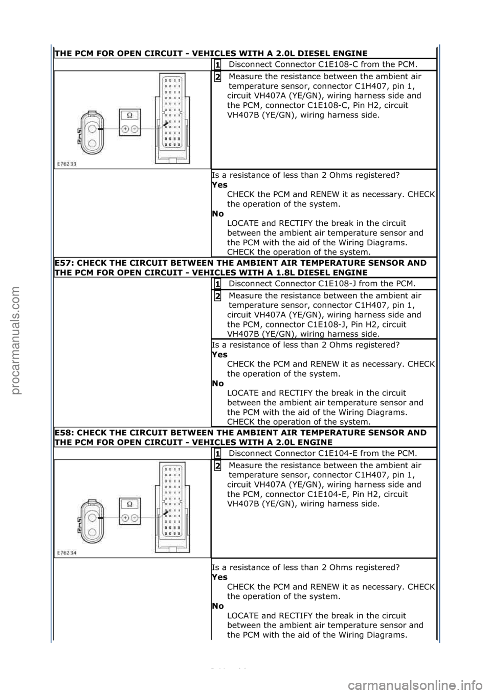 FORD S-MAX 2006  Service Repair Manual THE\bPCM\bFOR\bOPEN\bCIRCUIT\b-\bVEHICLE\f\bWITH\bA\b2.0L\bDIE\fEL\bENGINE
Disconnect\fConnector\fC1E108-C\ffrom\fthe\fPCM.\f1\b
Me\bsure\fthe\fresist\bnce\fbetween\fthe\f\bmbient\f\bir\f
temper\bture