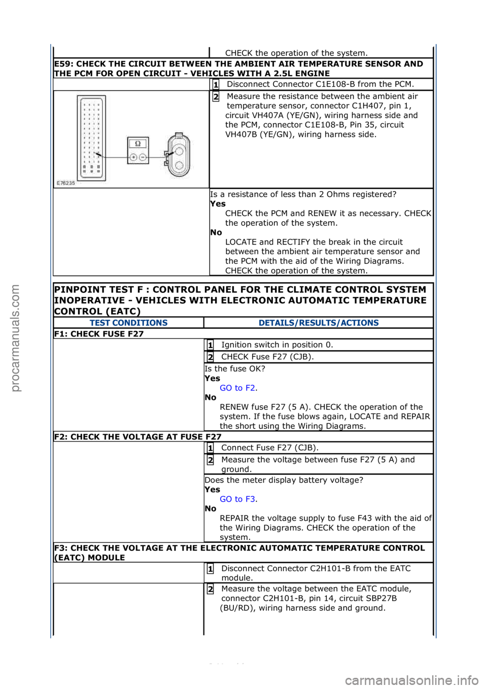 FORD S-MAX 2006  Service Repair Manual CHECK\fthe\foper\btion\fof\fthe\fsystem.\f
E59:\bCHECK\bTHE\bCIRCUIT\bBETWEEN\bTHE\bAMBIENT\bAIR\bTEMPERATURE\b\fEN\fOR\bAND\b
THE\bPCM\bFOR\bOPEN\bCIRCUIT\b-\bVEHICLE\f\bWITH\bA\b2.5L\bENGINE
Disconn