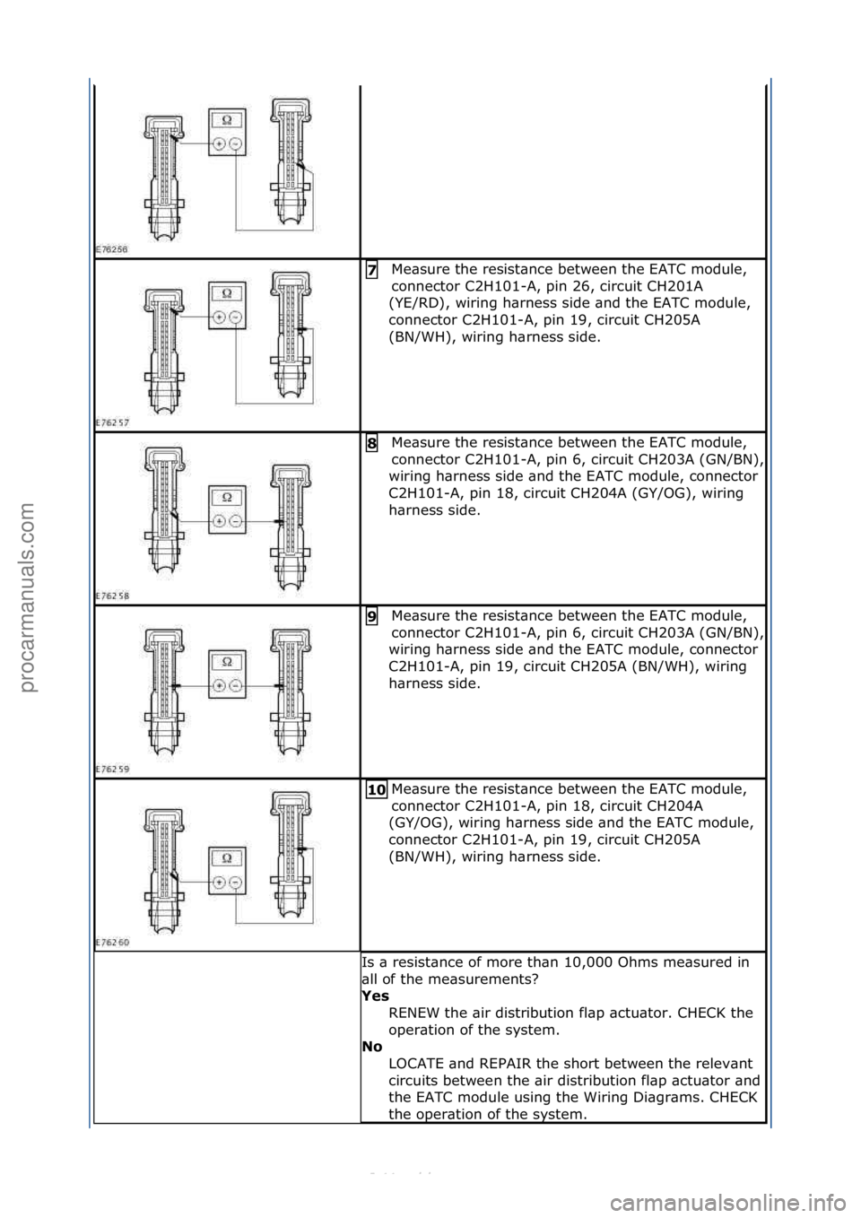 FORD S-MAX 2006  Service Repair Manual Me\bsure\fthe\fresist\bnce\fbetween\fthe\fEATC\fmodule,\f
connector\fC2H101-A,\fpin\f26,\fcircuit\fCH201A\f
(YE/RD),\fwiring\fh\brness\fside\f\bnd\fthe\fEATC\fmodule,\f
connector\fC2H101-A,\fpin\f19,\