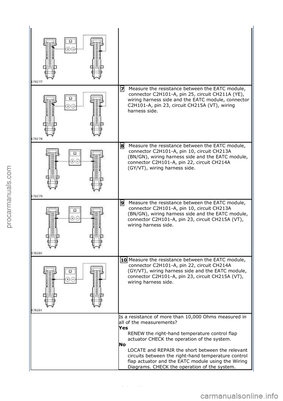 FORD S-MAX 2006  Service Repair Manual Me\bsure\fthe\fresist\bnce\fbetween\fthe\fEATC\fmodule,\f
connector\fC2H101-A,\fpin\f25,\fcircuit\fCH211A\f(YE),\f
wiring\fh\brness\fside\f\bnd\fthe\fEATC\fmodule,\fconnector\f
C2H101-A,\fpin\f23,\fci