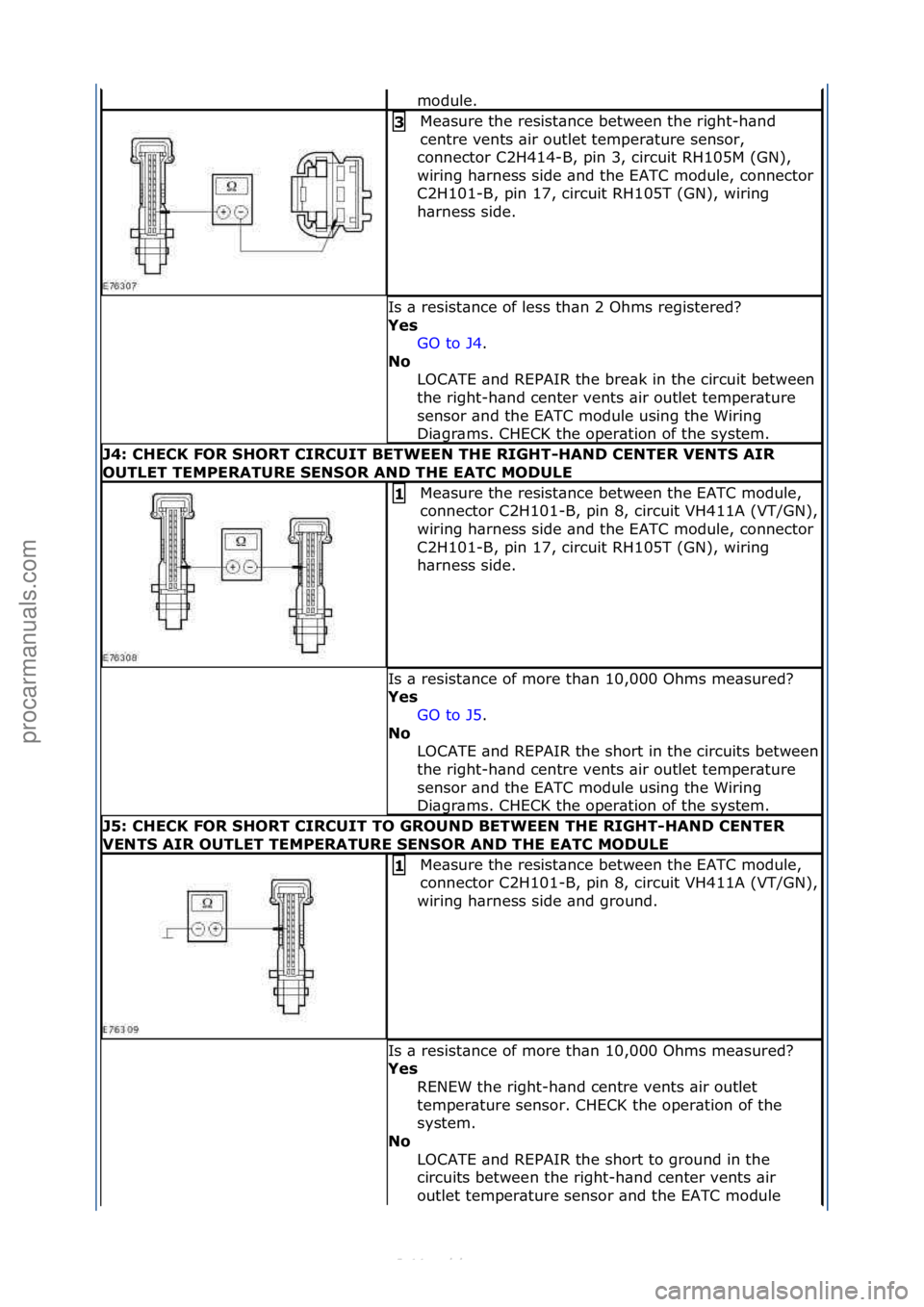 FORD S-MAX 2006  Service Repair Manual module.\f
Me\bsure\fthe\fresist\bnce\fbetween\fthe\fright-h\bnd\f
centre\fvents\f\bir\foutlet\ftemper\bture\fsensor,\f
connector\fC2H414-B,\fpin\f3,\fcircuit\fRH105M\f(GN),\f
wiring\fh\brness\fside\f\