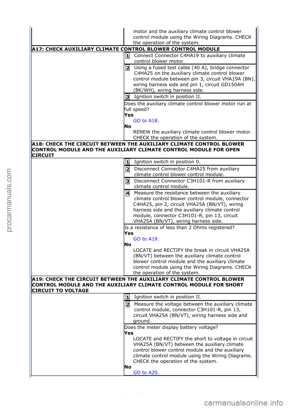 FORD S-MAX 2006  Service Repair Manual motor\f\bnd\fthe\f\buxili\bry\fclim\bte\fcontrol\fblower\f
control\fmodule\fusing\fthe\fWiring\fDi\bgr\bms.\fCHECK\f
the\foper\btion\fof\fthe\fsystem.\f
A17:\bCHECK\bAUXILIARY\bCLIMATE\bCONTROL\bBLOWE